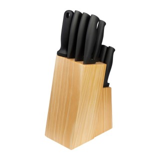 Set kuhinjskih nožev z lesenim ročajem v lesenem stojalu - rezila s titan prevleko - 14-delni Berlin, beige 298713